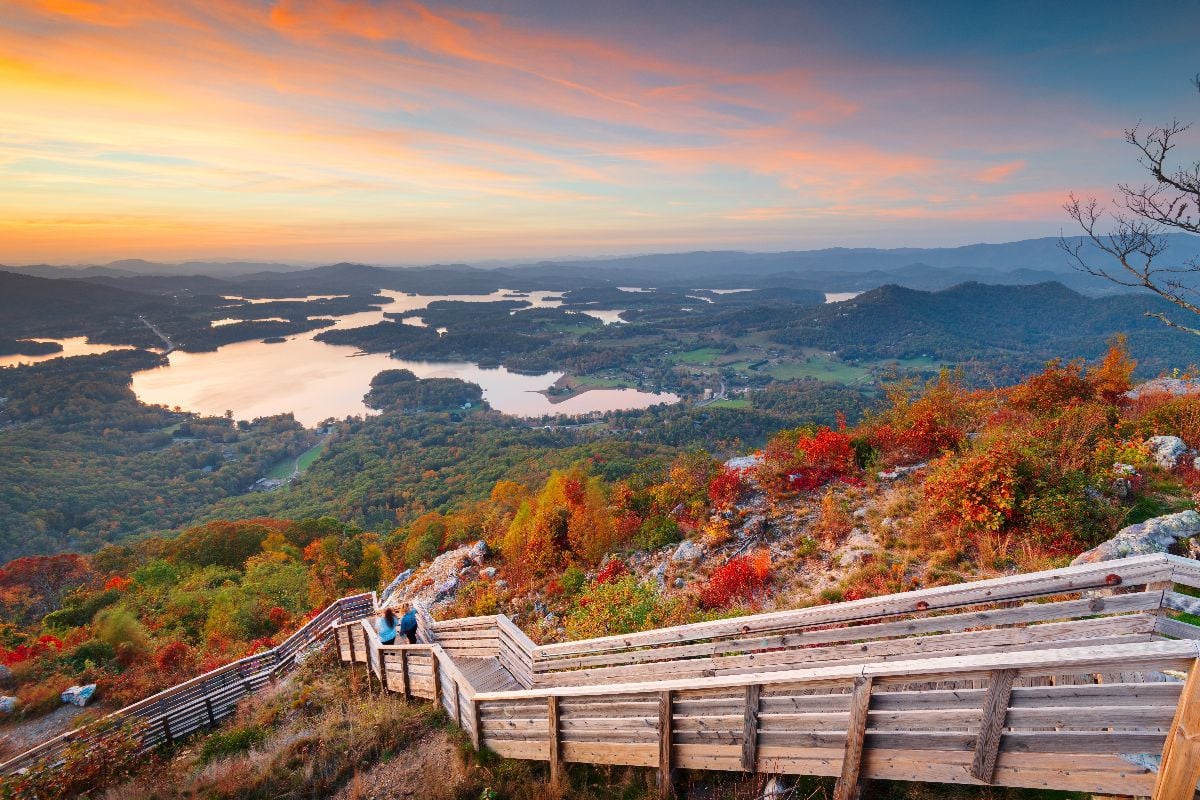 Hiawassee, Georgia landscape with Chatuge Lake in autumn at dusk.
