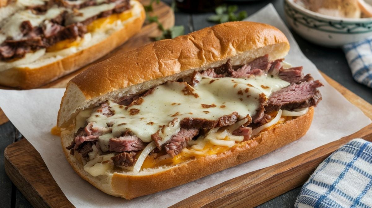 Hoagie roll filled with thinly sliced beef, melted cheese, and sautéed onions.