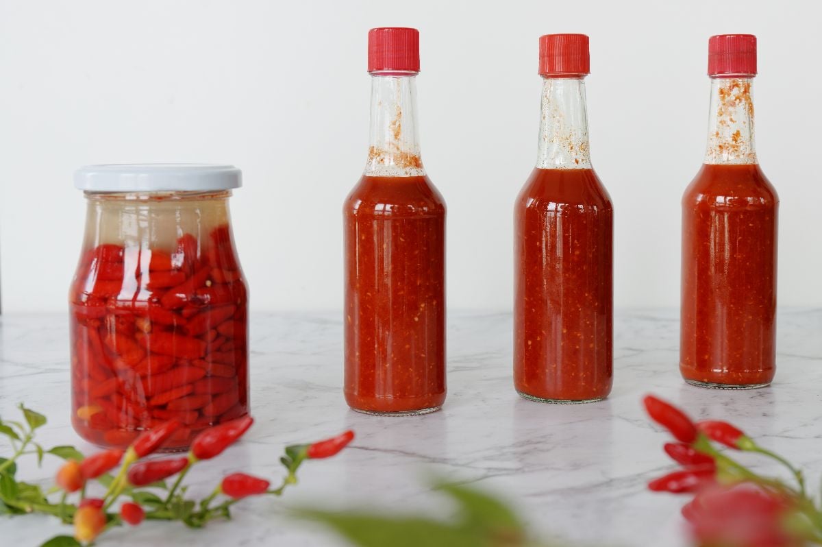 Hot sauce made from fermented fresh Tabasco chili peppers.