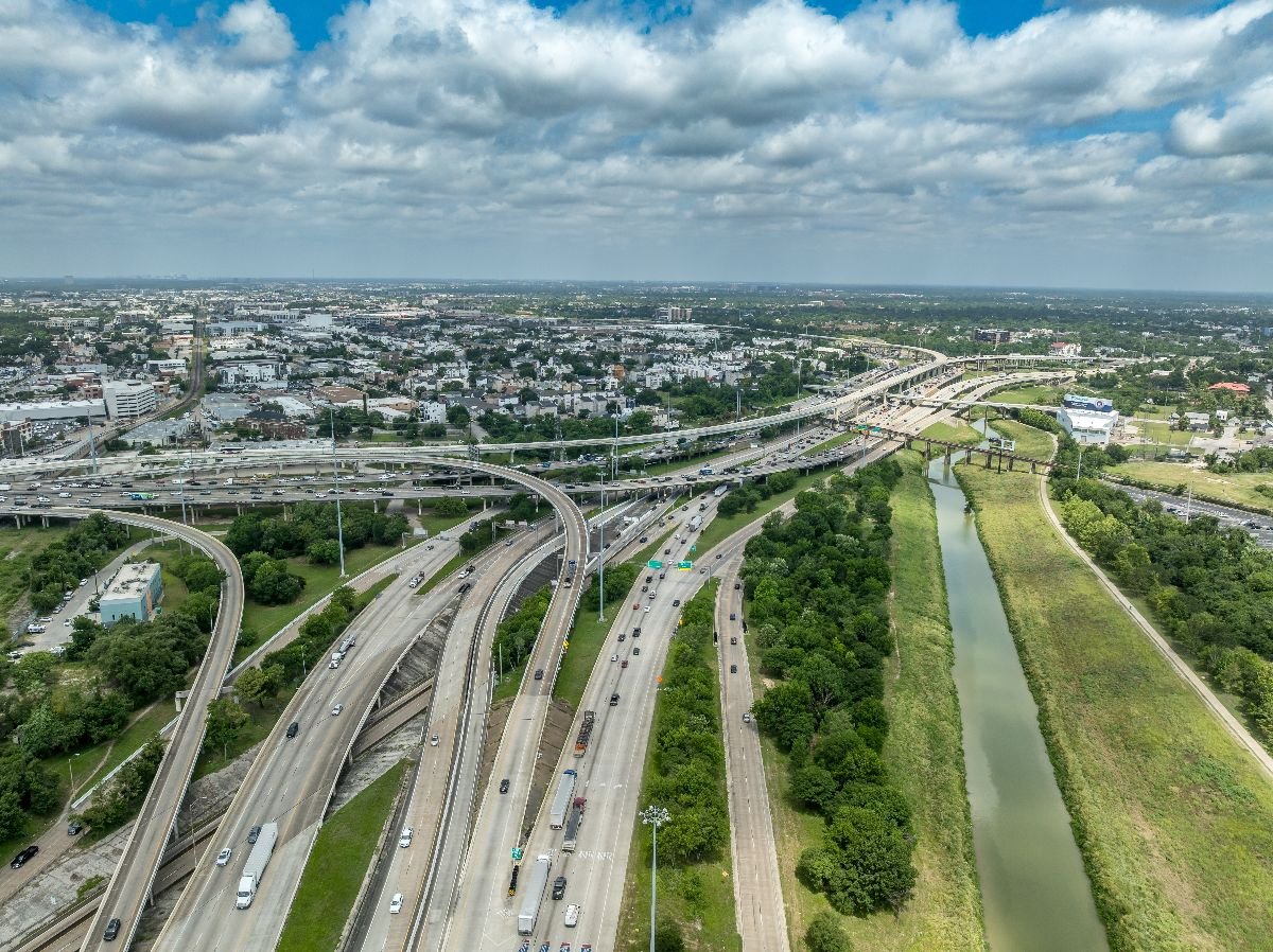 The interchange of Interstate 10 (I-10), also known as the Katy Freeway, and Interstate 45 (I-45).