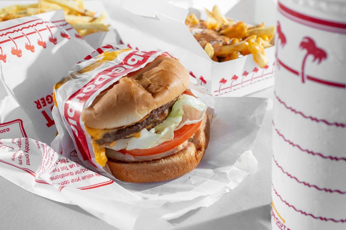A view of an In-N-Out Burger combo meal.