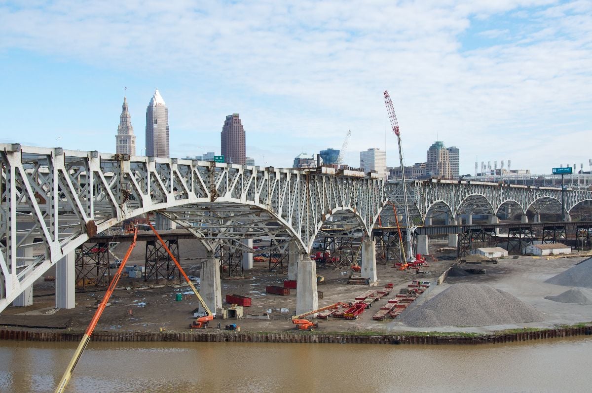 The massive Innerbelt Bridge in Downtown Cleveland, carrying I-90, is dismantled as two new bridges will replace the former structure, constructed in the late 1950s.