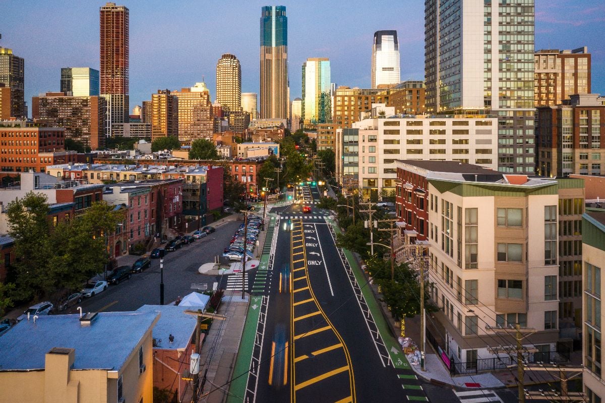 Aerial view at sunset of Jersey City.