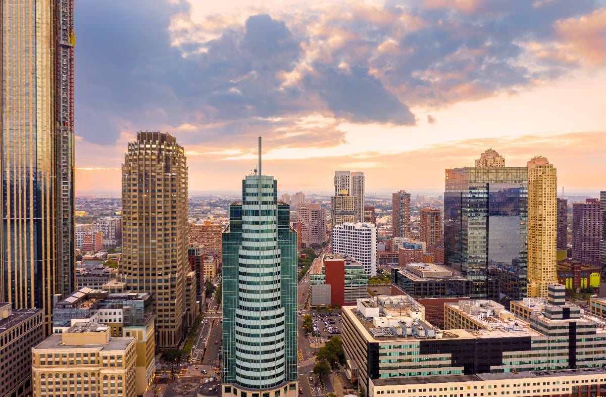 Aerial view of Jersey City skyline at sunset.