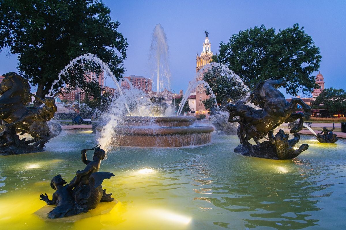A fountain at dawn at the Country Club Plaza.