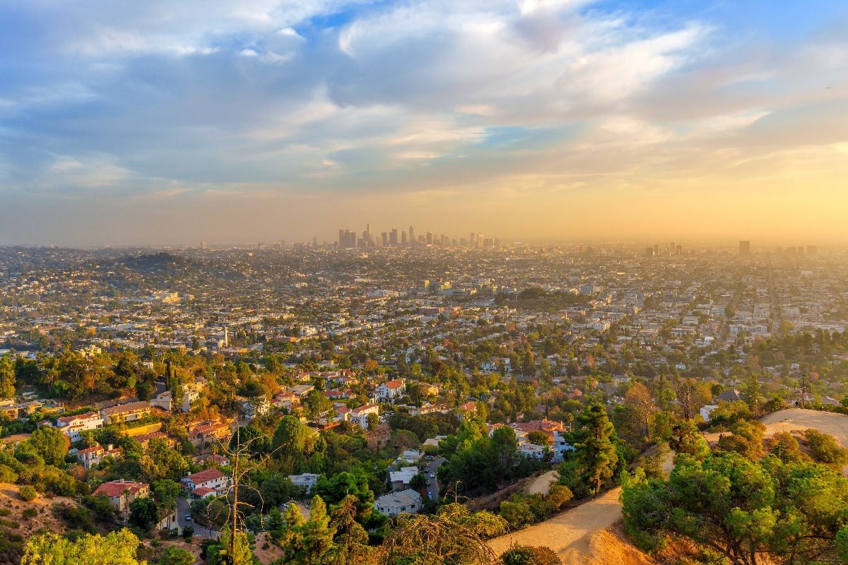 Los Angeles cityscape in view at sunset.