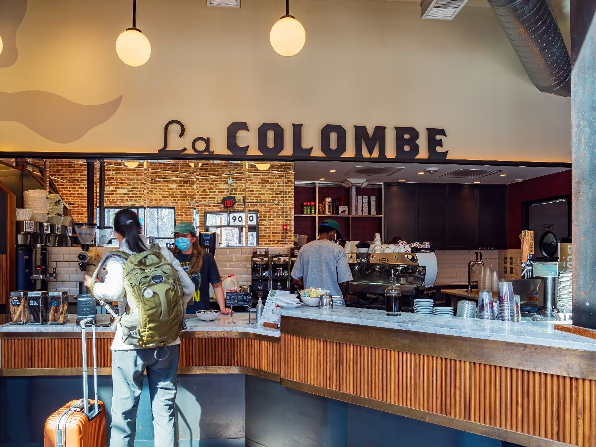 Interior view of the La Colombe coffee shop.