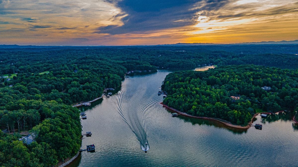 Aerial view of Lake Lanier at sunset.