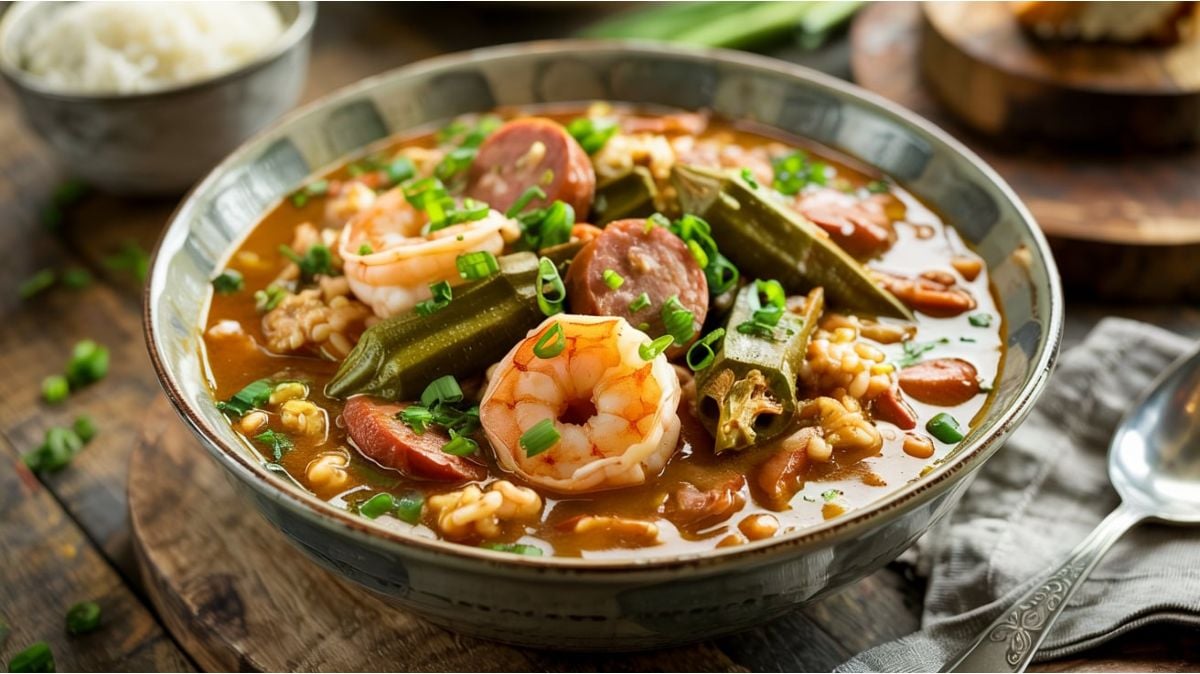 A steaming bowl of Louisiana gumbo garnished with chopped green onions.