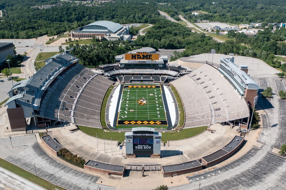 Drone view of Faurot Field at Memorial Stadium, University of Missouri in Columbia.