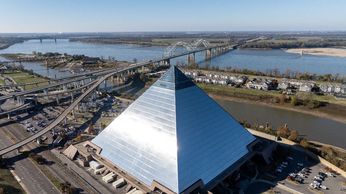 Aerial view of bridges, rivers, and Memphis pyramid.