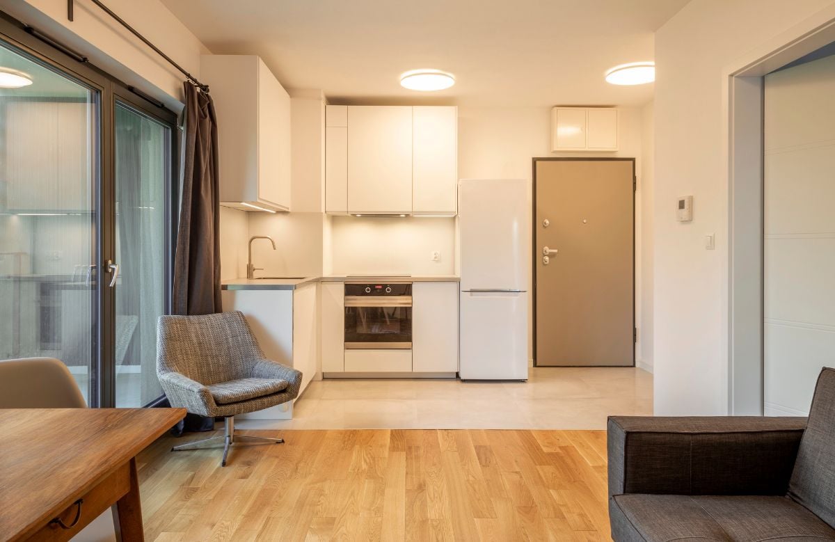 Interior of a modern micro apartment with living room and kitchen.