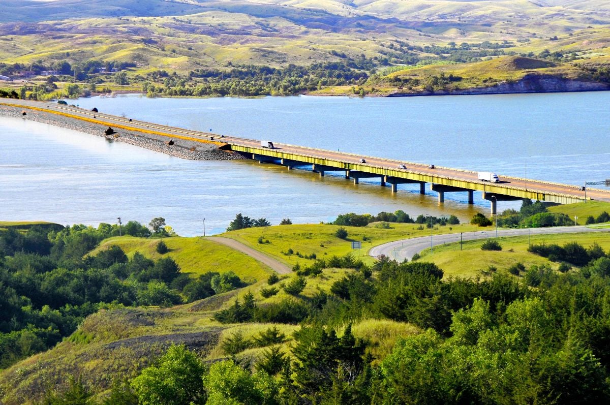 Historic bridge crossing the Missouri River in South Dakota on Lewis and Clark trail.