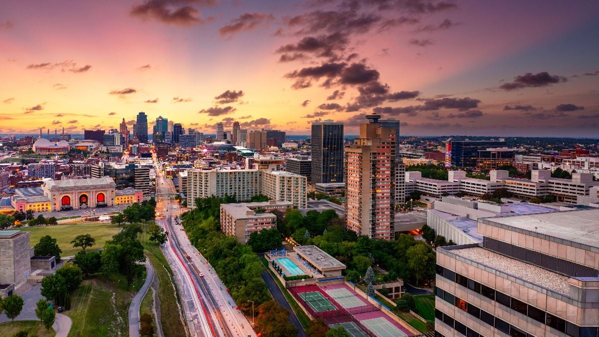 Aerial view of Kansas City skyline at dusk.