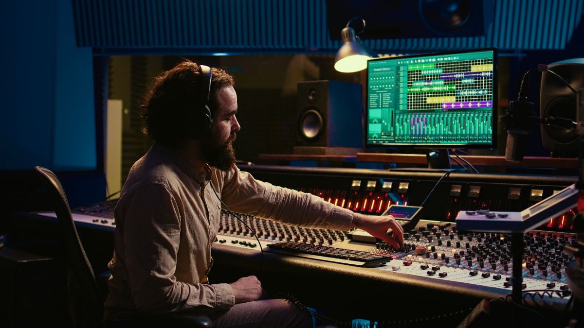 Mixing engineer pressing sliders on control desk to balance tracks and add sound effects.