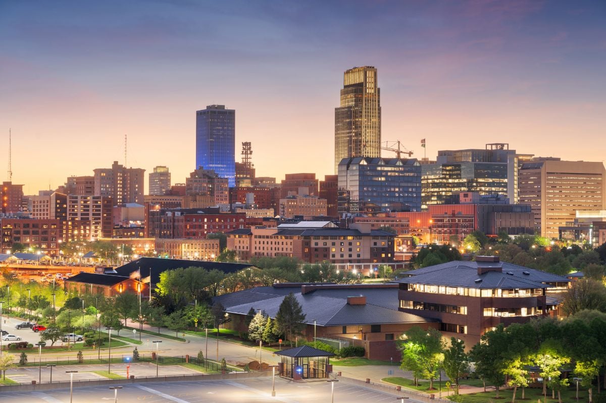 Omaha, Nebraska downtown cityscape at dusk.