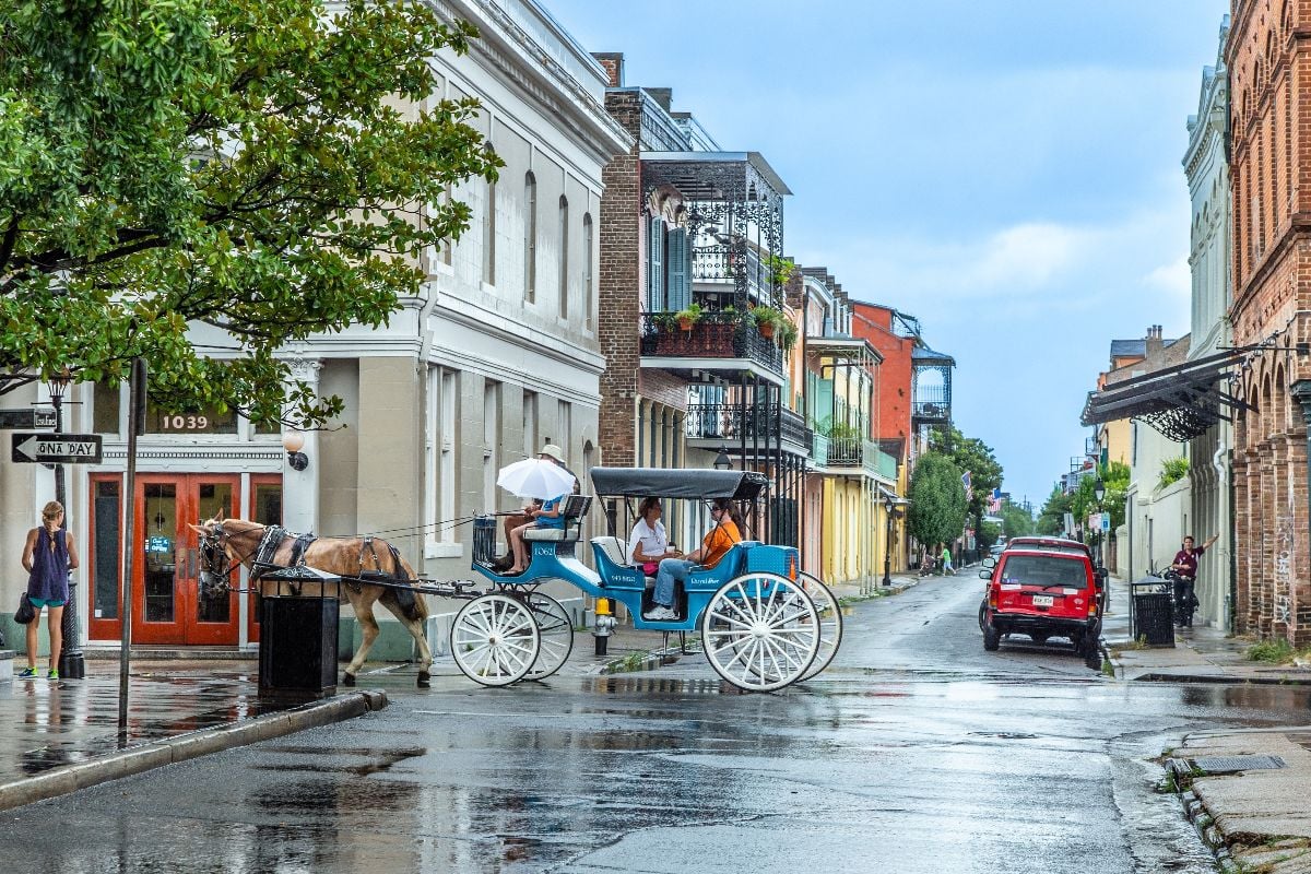 People do a horse coach trip in the old french Quarter in New Orleans.