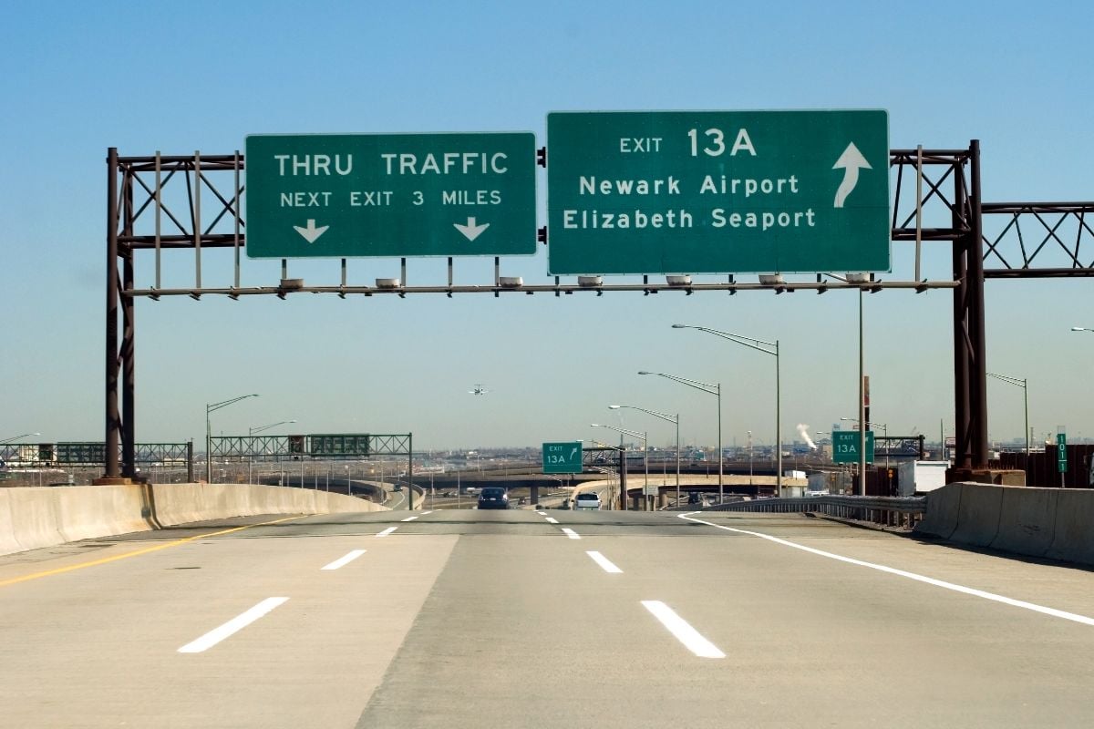 NJ Turnpike (I-95) exit to Newark and Elizabeth, New Jersey.