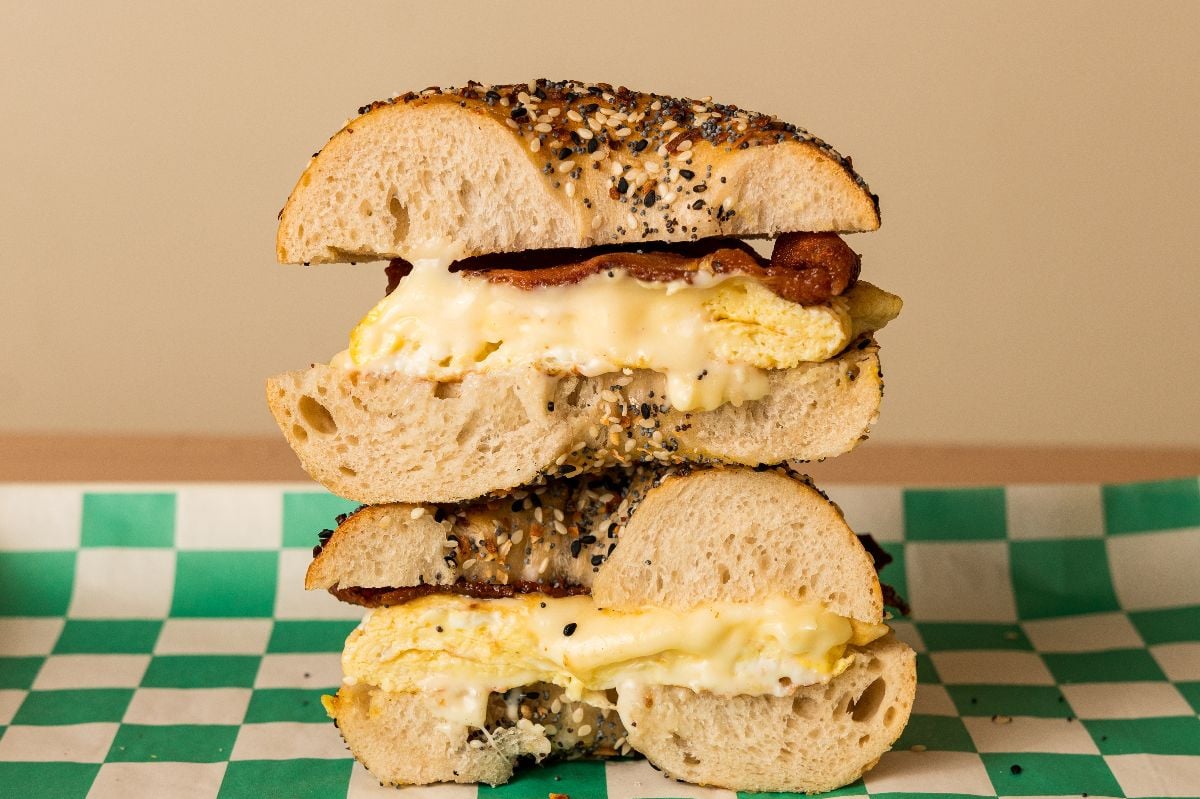 Everything bagel with egg, cheese and bacon.
