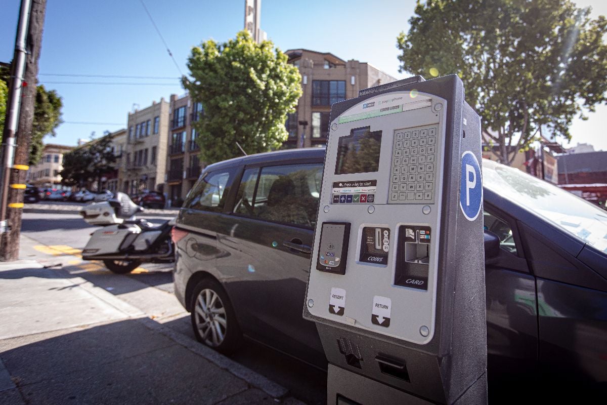 Closeup of a parking meter on a city street, San Francisco, California.
