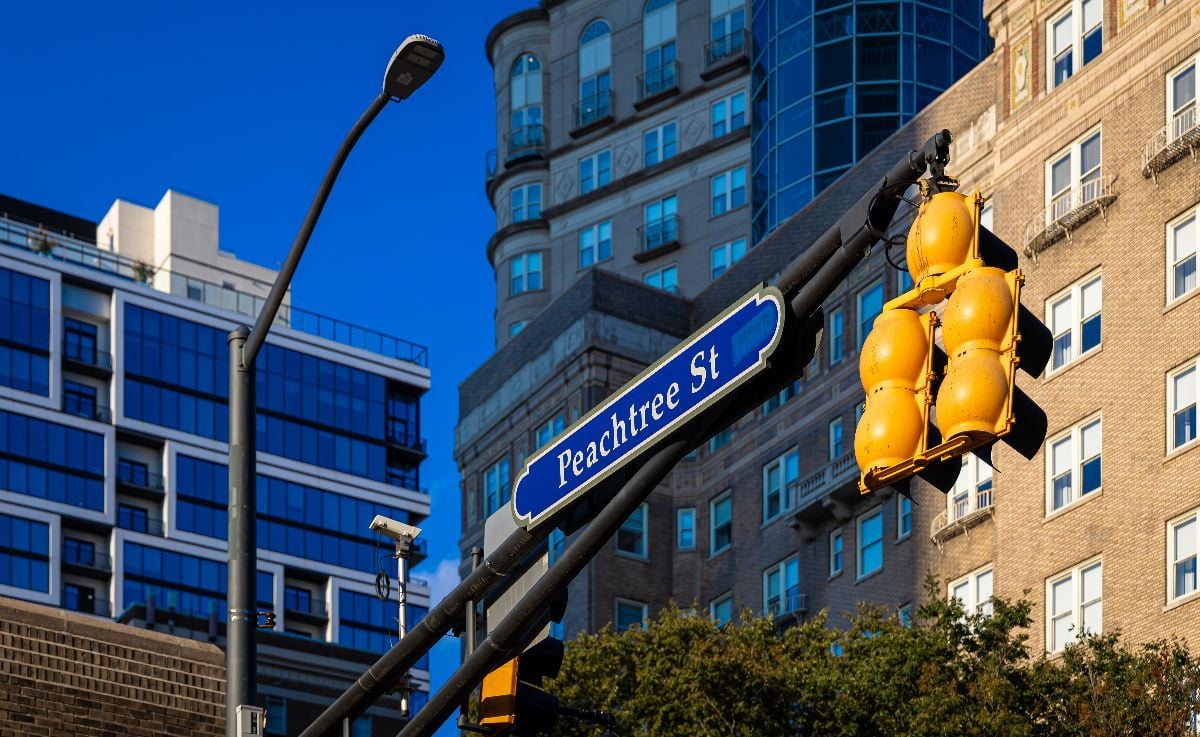 Iconic Peachtree Street sign in Atlanta, Georgia. 