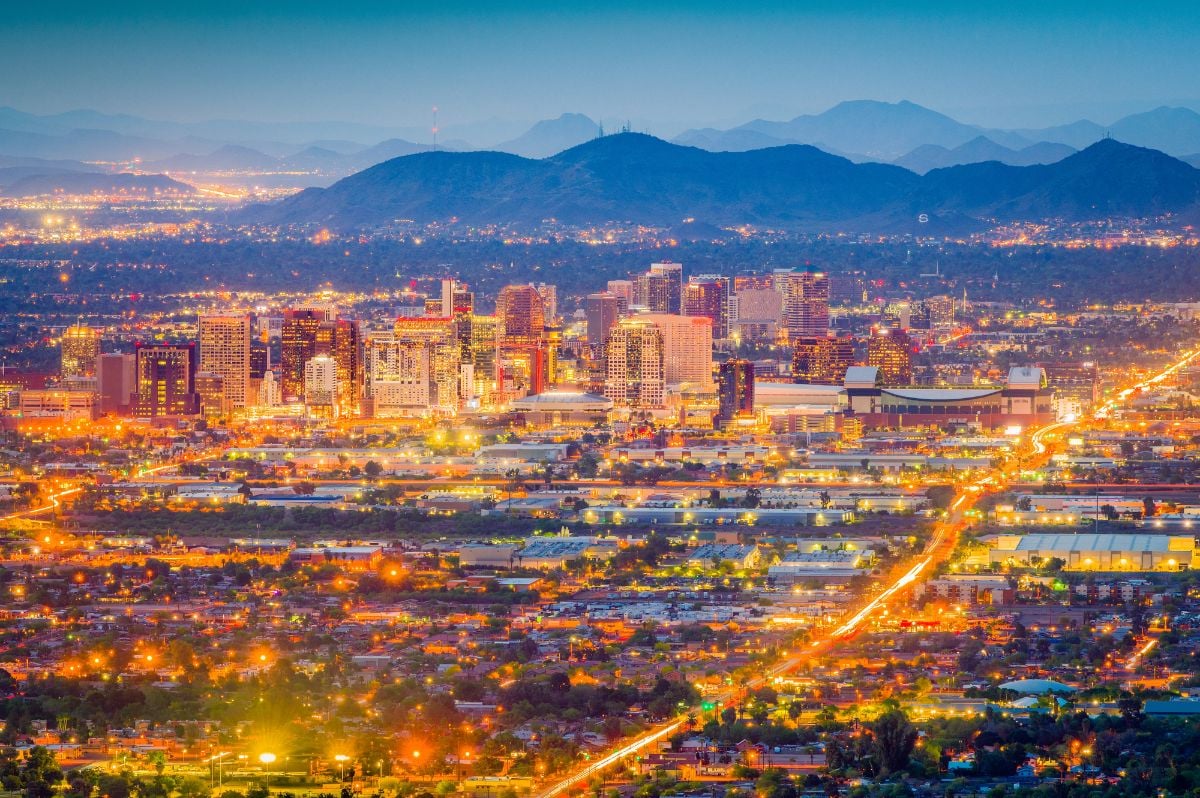 Phoenix, Arizona downtown cityscape at dusk.