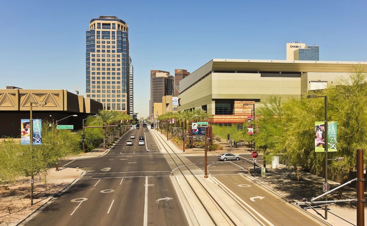 Downtown in Phoenix, Arizona with empty sidewalks.