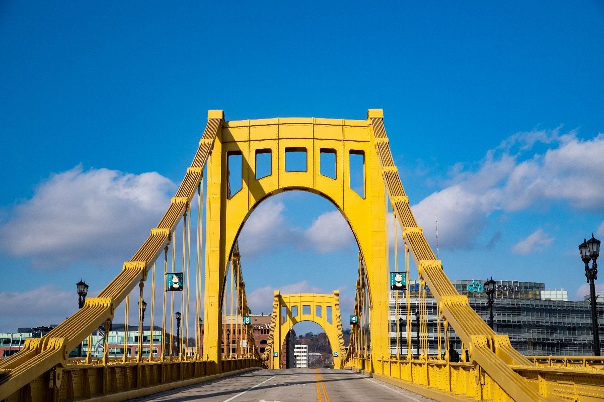Andy Warhol Bridge, also known as the Seventh Street Bridge, spans the Allegheny River in Downtown Pittsburgh.