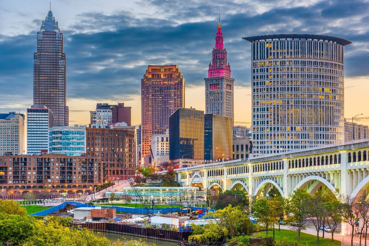 Cleveland downtown city skyline on the Cuyahoga River at twilight.