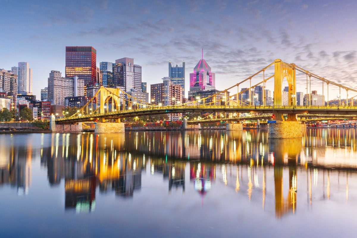 Pittsburgh downtown city skyline on the Ohio River at dusk.