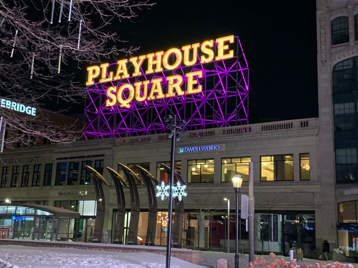 Closeup of Playhouse square illuminated sign.
