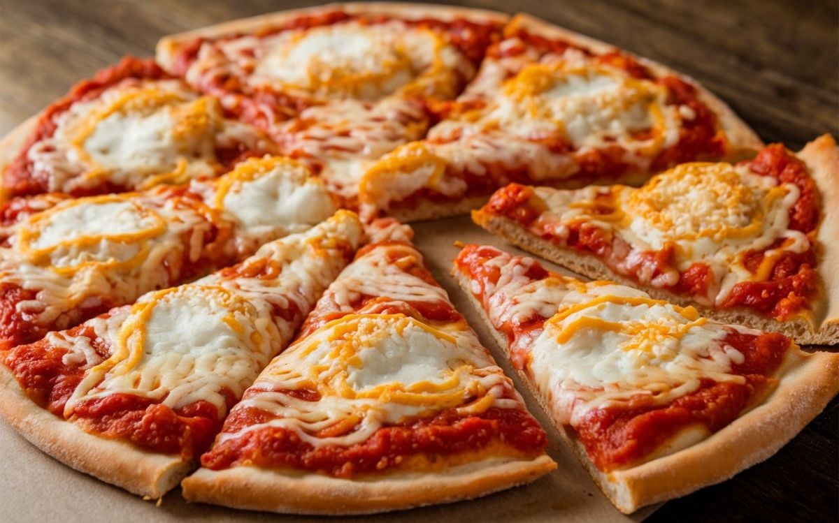 St. Louis-style pizza topped with Provel cheese and tomato sauce.