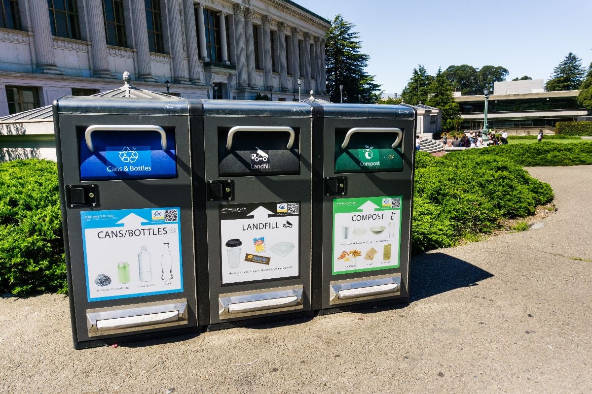 Closeup of recycling bins on sunny outdoors.