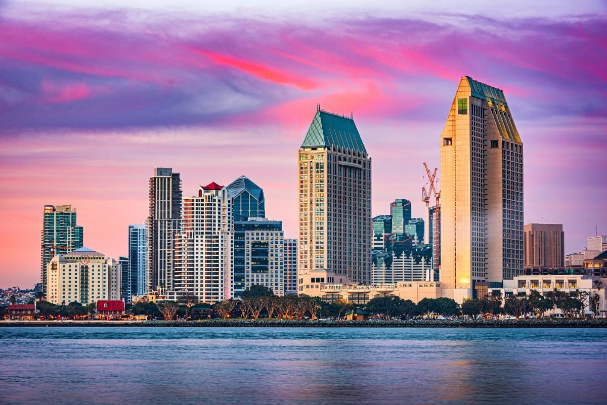 San Diego downtown skyline on the San Diego Bay at dusk.