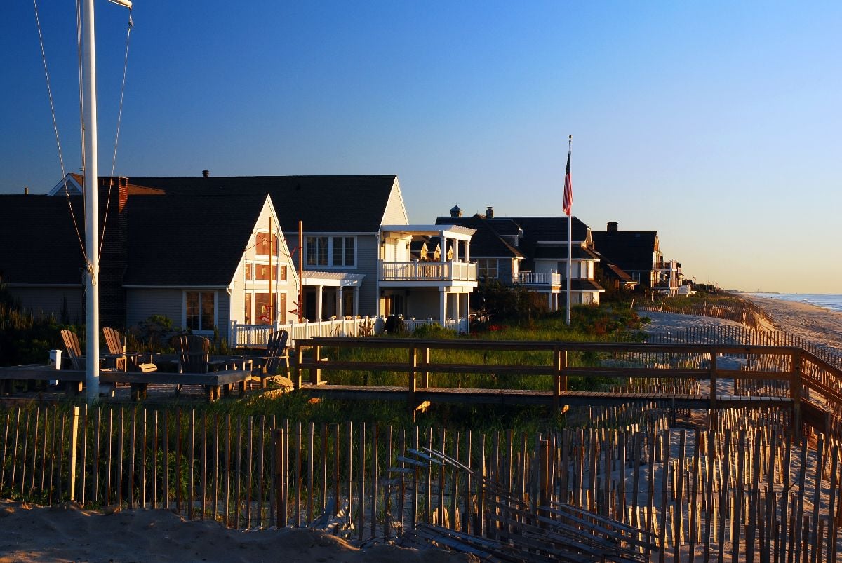 A row of large summer homes line the beach on the Jersey Shore.