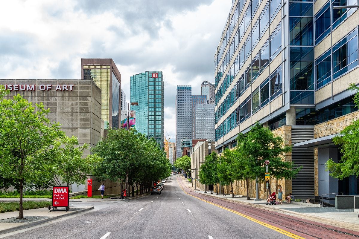 Downtown cityscape with clean sidewalk.