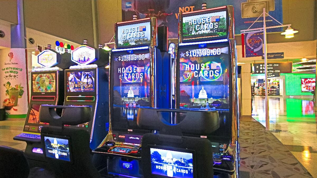 McCarran International Airport (LAS), located south of the Las Vegas strip, is the main airport in Nevada. There are slot machines in the airport.