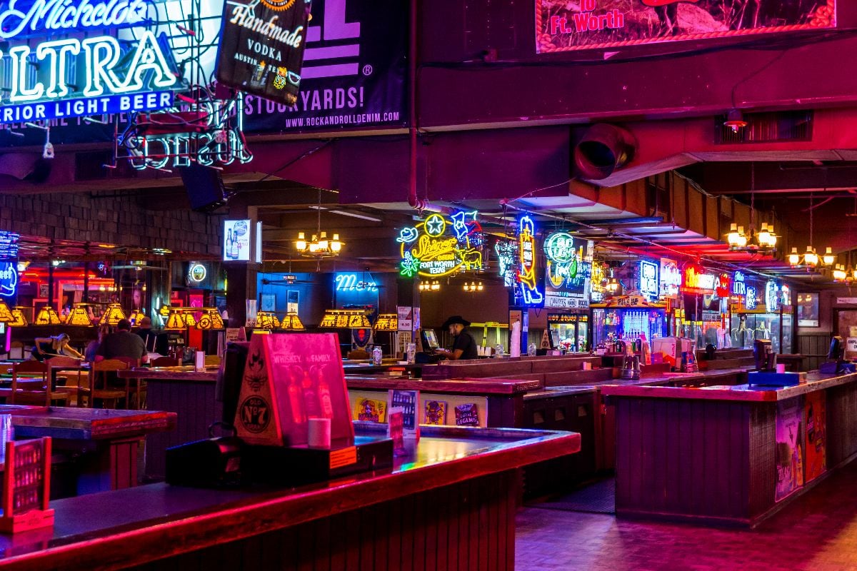 Interiors of a restaurant and bar in the Fort Worth Stockyards.