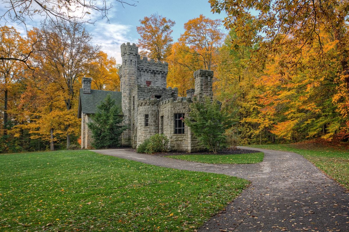 Squire's Castle surrounded by autumn trees.