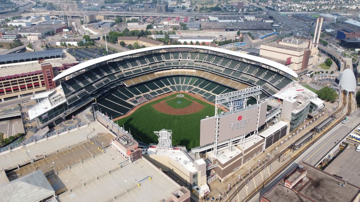 An aerial photo of Target Field.