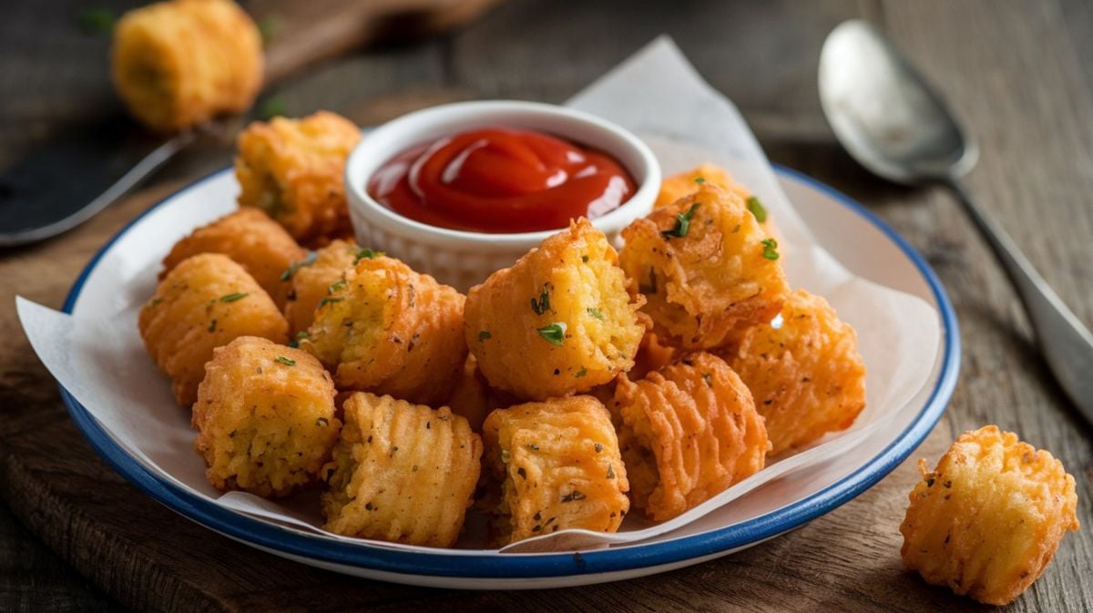 Deep-fried and seasoned tater tots with dip.