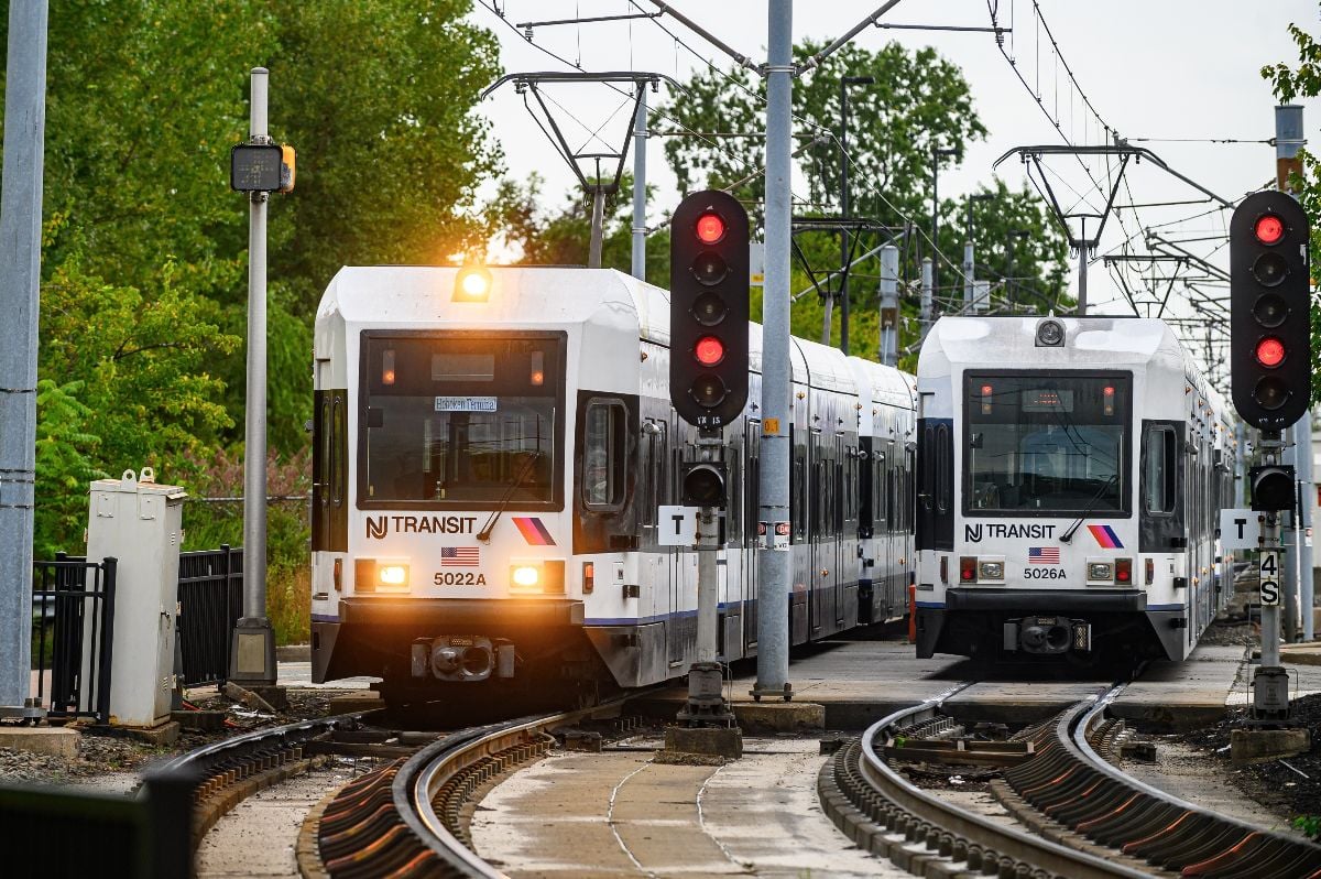 Two Light Rail vehicles New Jersey Transit on the Hudson Bergen line.
