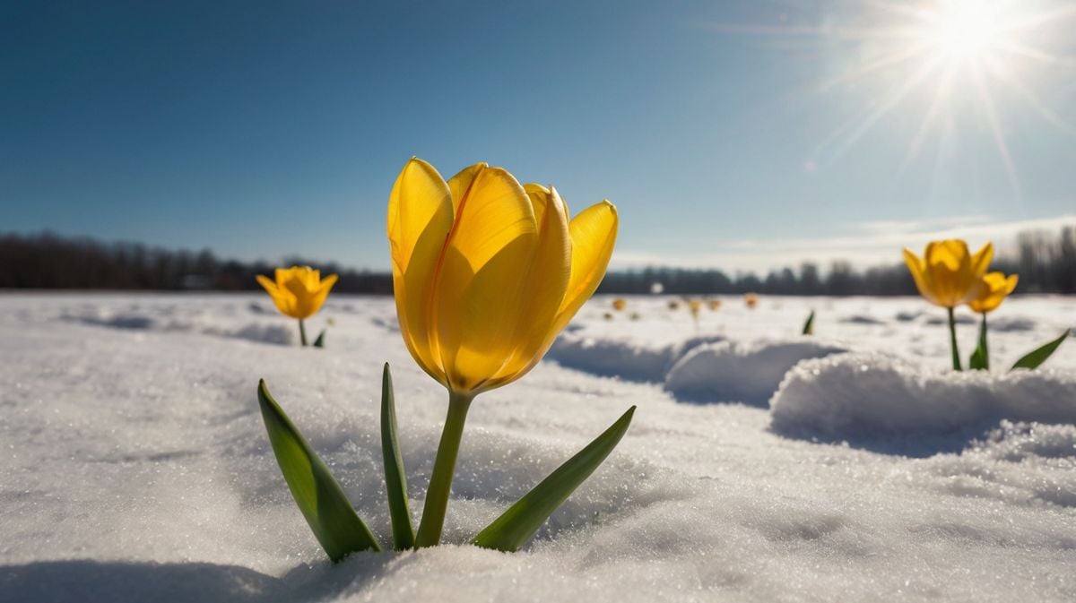 Yellow tulip flower on snow.