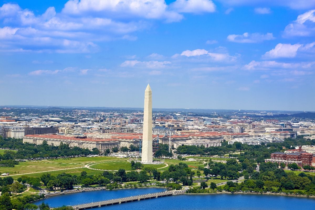 Washington DC aerial view with National Mall and Monument.