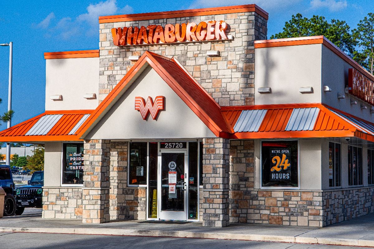 Whataburger store front, eye level from parking lot.
