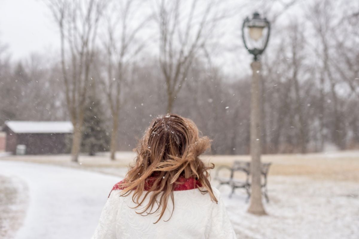 Rear view of woman walking in park in winter.