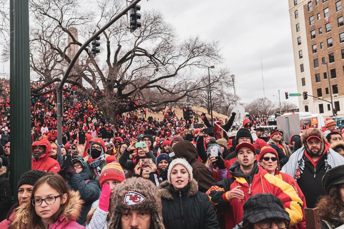 A sea of Chief fans looking on during the Chiefs Kingdom Rally at Union Station.