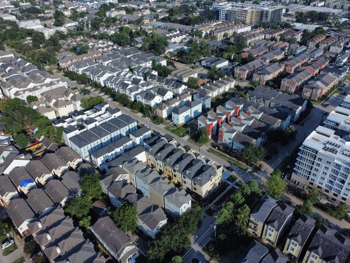 An aerial view of the Heights neighborhood in Houston, Texas.
