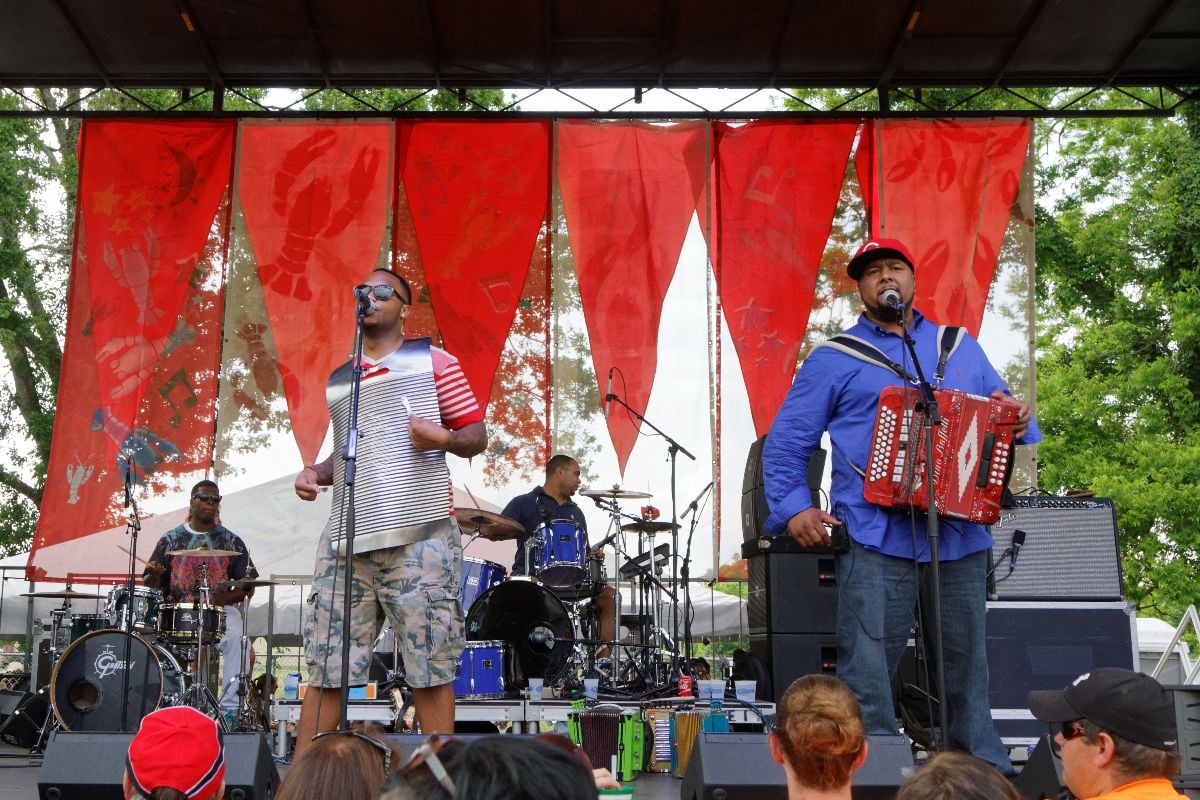 Keith Frank & the Soileau Zydeco Family Band during Crawfish Festival in Breaux Bridge.