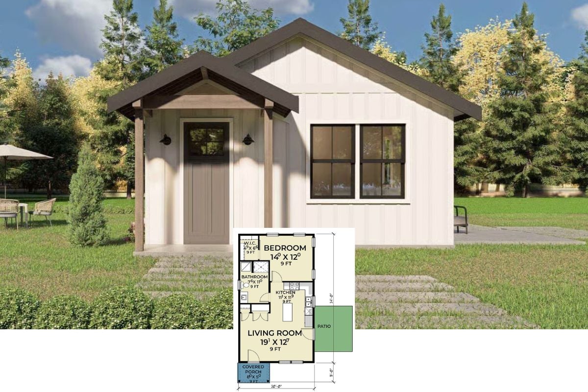 Farmhouse-Style 1-Bedroom ADU with Covered Front Porch (Floor Plan)